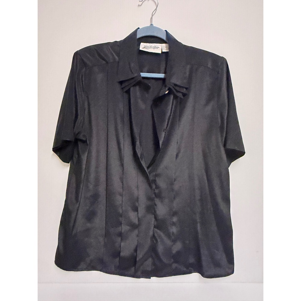 Yves St. Clair Black Satin Pleated Short Sleeve Button Up Blouse Vintage Size 14